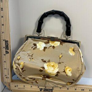 Banana Republic Floral Satin Frame Bag Bamboo Handle Evening Purse Vintage
